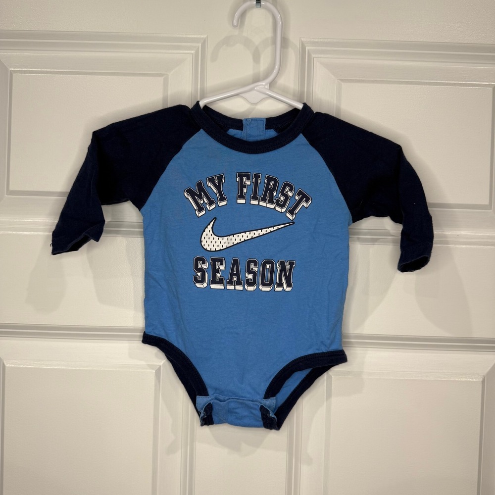 Nike My First Season Baby Bodysuit Size 3M Blue Long Sleeve‎ Infant One Piece